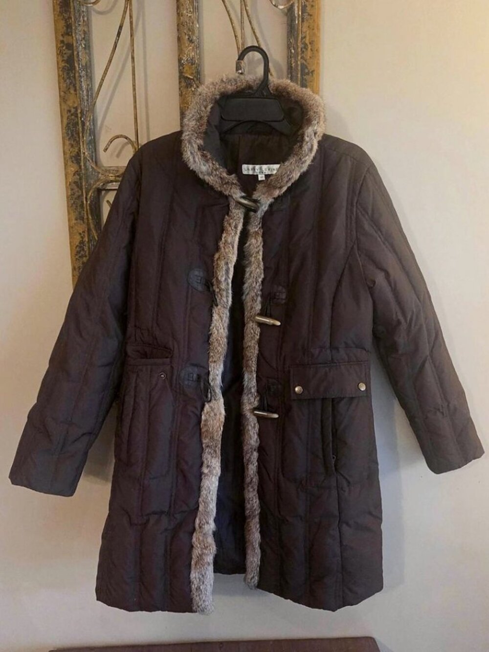 Larry Levine Down Coat Brown Real Rabbit Fur Trim Quilted Toggle Winter Size M